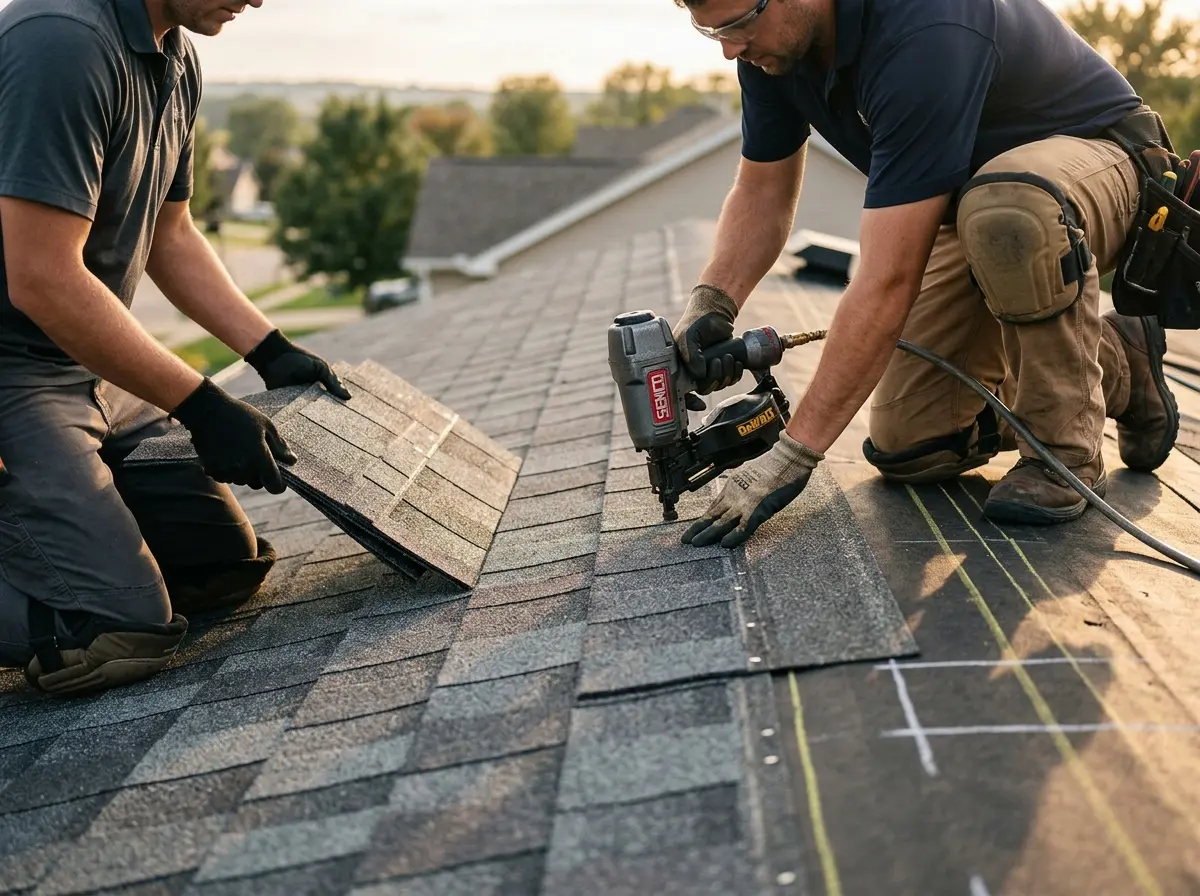 Professional roofer working on a residential roof in Hot Springs Village
